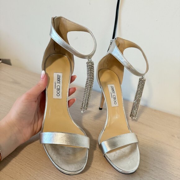 Jimmy Choo Viola 100 Sandals Metallic Silver Crystal Tassel Ankle Strap Sz 41.5 - Picture 7 of 14